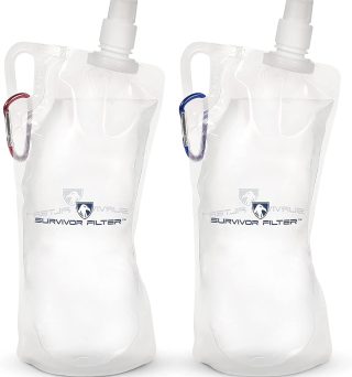 Survivor Filter Collapsible Water Bottles, Canteens (32oz) 2 Pack (2L Total) - Durable Carabiners and Handles. Squeeze Water through a Filter or Use as Water Bottles