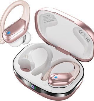 Wireless Earbuds, Sports Bluetooth Headphones, 80Hrs Playtime Ear Buds with LED Power Display, Noise Canceling Headset, IPX7 Waterproof Earphones for Workout/Running (Rose Gold)